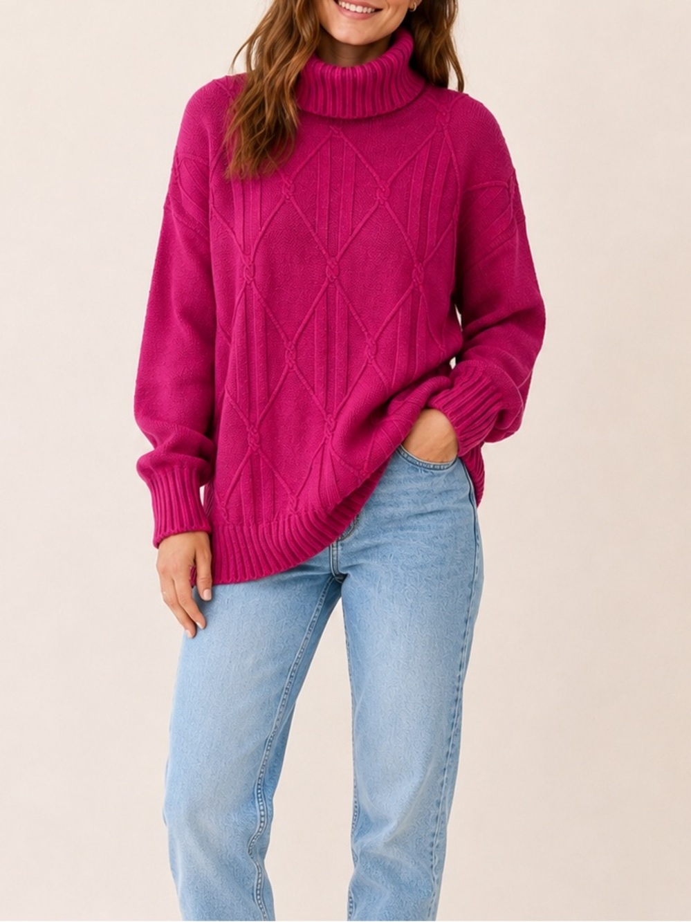 S. Christina 100% Cashmere Magenta Pink Cable Knit Turtleneck Sweater Small/Med